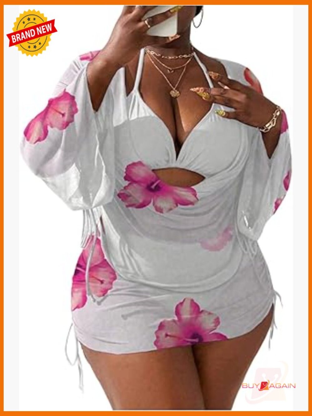 Plus Size 4 Piece Floral Bikini Set with Cover Up Top & Skirt